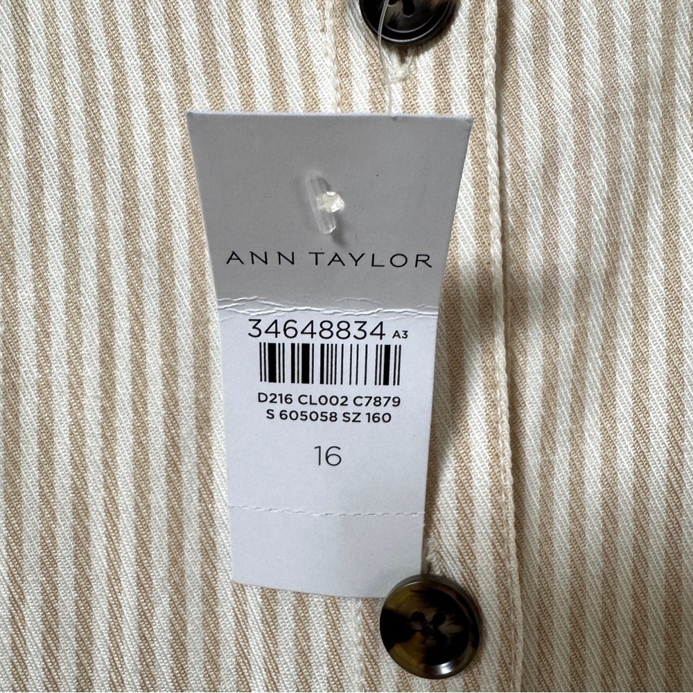 NWT Ann Taylor Toasted Oat Striped Balloon Sleeve Button Front Midi Dress Sz 16 - Picture 5 of 8